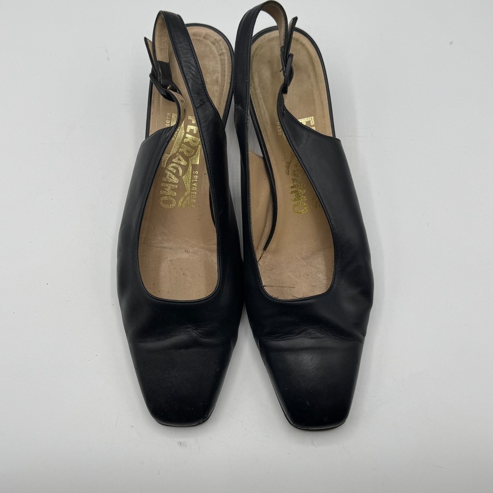 Salvatore Ferragamo Comodita Slingback Heels Black Leather Women 7.5 C Italy AS - Picture 2 of 12